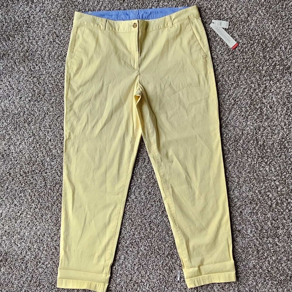 Yellow Cropped Pants with Blue Waistband
